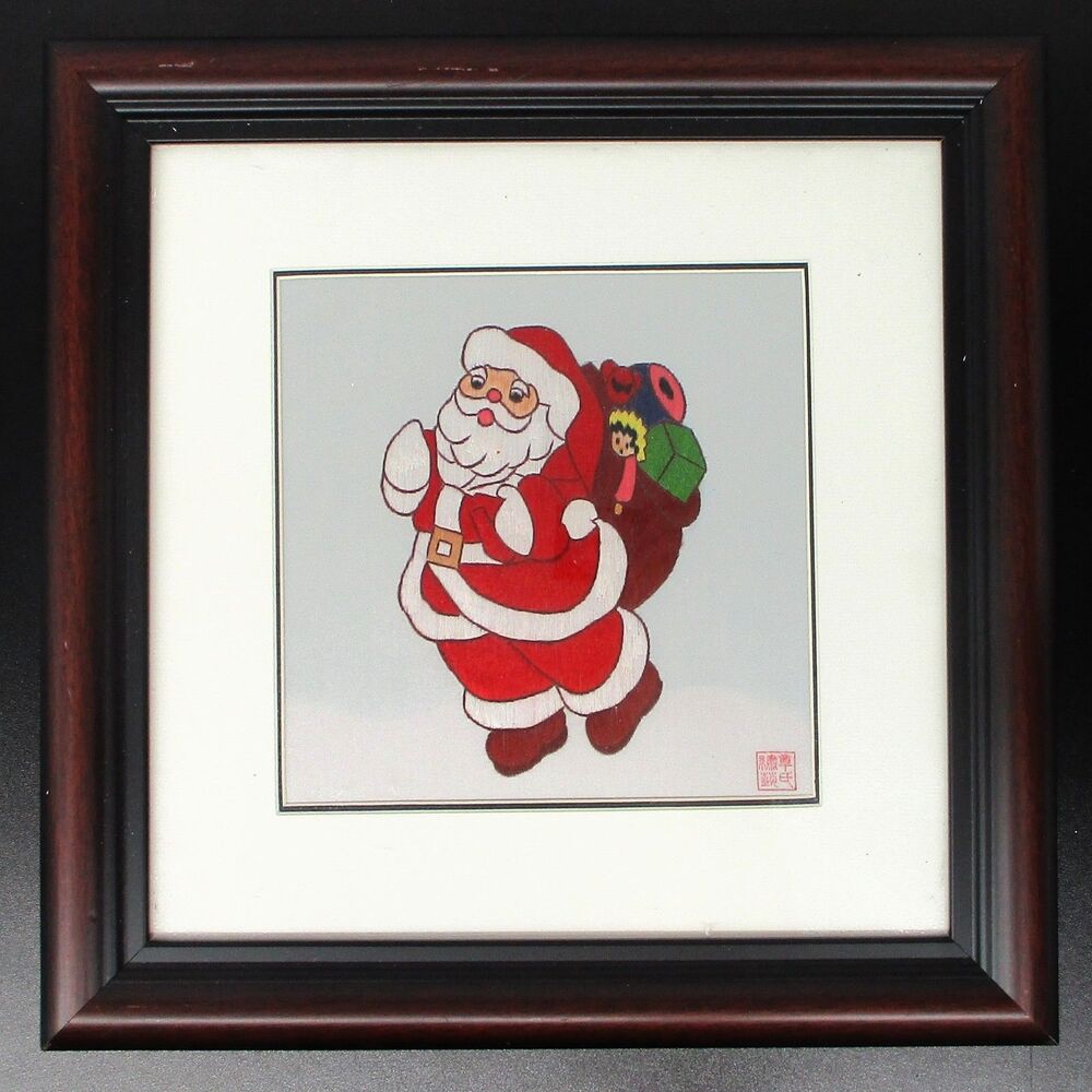King’s Silk Embroidery Art Santa Claus Christmas Handmade Su Xiu Framed 14x14